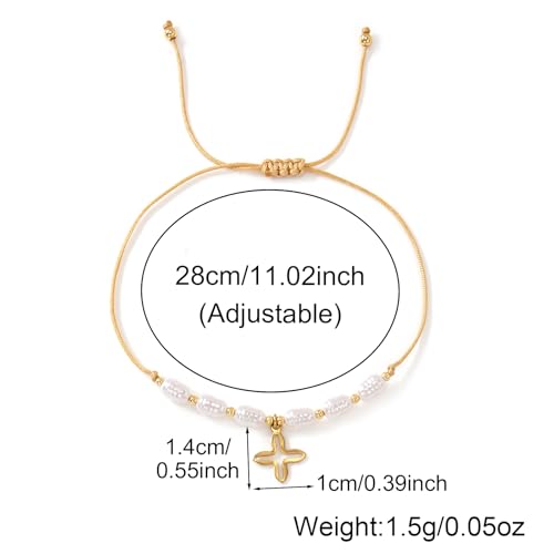 Boho Glass Seed Beaded Bracelets For Women, Handmade Romantic Gold Plated charm String Braided Rope Adjustable Jewelry, Summer Beach Daily Party Friendship Gift - color: Pearl Cross