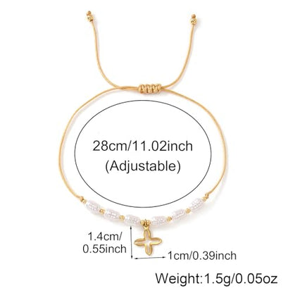 Boho Glass Seed Beaded Bracelets For Women, Handmade Romantic Gold Plated charm String Braided Rope Adjustable Jewelry, Summer Beach Daily Party Friendship Gift - color: Pearl Cross