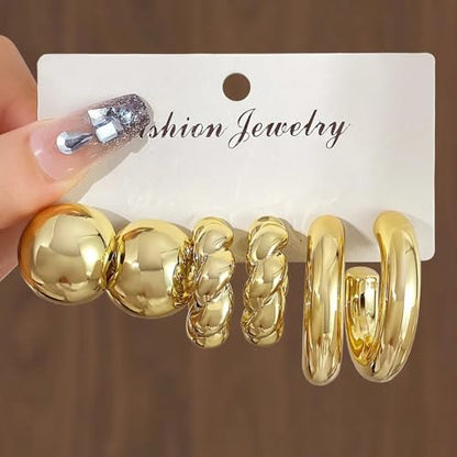 9 Pairs Women's Hypoallergenic Thick Gold Drop Earrings, Fashion Thick Gold-Plated Hoop Earrings Set, Lightweight Jewelry