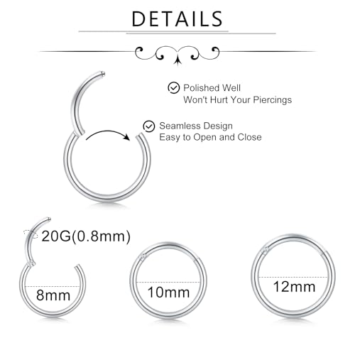 Incaton 18G Threadless Flat Back Stud Earrings For Women Men, 316L Surgical Steel Hypoallergenic Push in Nose Studs CZ Nose Nostril Tragus Helix Labret Studs Lip Rings Piercing Jewelry - color: 3 HOOP + 6 STUD SILVER