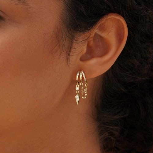 Dangle Earrings for Women,14k Gold Plated Triple Huggie Stud Earrings Cute Statement Chain Earring Dainty Drop Earrings for Women Trendy Gold Plated Jewelry - color: dangle1-Gold