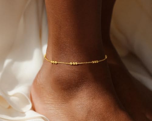 Gold Ankle Bracelet for Women Waterproof,Dainty Bead Anklets | 14K Gold Plated Non Tarnish,Lead and Nickel-free, Hypoallergenic,Adjustable Size Daily Wear Jewelry Gifts for Women