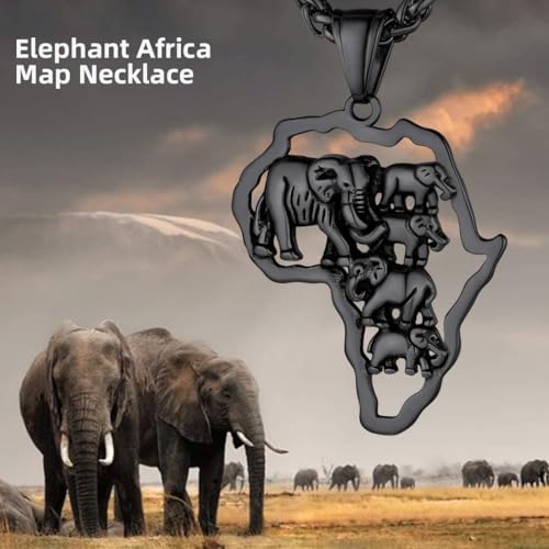 GOLDCHIC JEWELRY Africa Map Necklace for Men, Stainless Steel African Tribal/Egyptian Eye of Horus/I LOVE AFRICA/Elephant Map Hiphop Jewelry Unisex with 22'+2'Adjustable Chain - color: Elephant - Black, style: No Customization