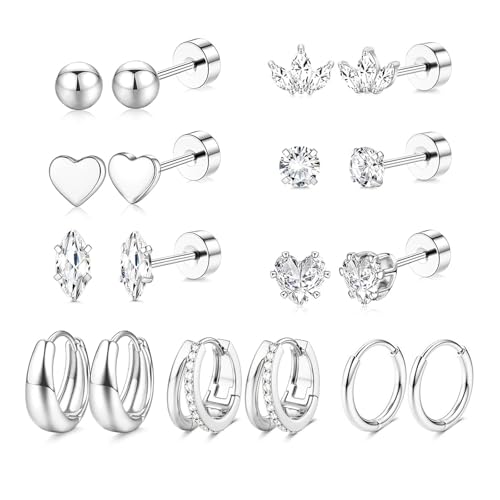 Stainless Steel Stud Earrings Set for Women Hypoallergenic Flat Back Cartilage Earrings Screw Back Huggie Hoop Earrings Multiple Piercing Cubic Zirconia Helix Tragus Jewelry - color: Set-A-Silver