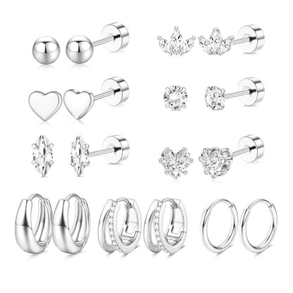 Stainless Steel Stud Earrings Set for Women Hypoallergenic Flat Back Cartilage Earrings Screw Back Huggie Hoop Earrings Multiple Piercing Cubic Zirconia Helix Tragus Jewelry - color: Set-A-Silver