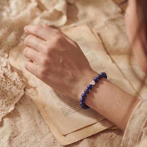 Bivei Crystal Stretch 6mm Bracelets for Women | Handmade Natural Stone Beaded Stretch Bracelet, Stainless Steel Heart Bead, Tranquility Yoga Gift Jewelry for Women - color: Lapis Lazuli - Wisdom