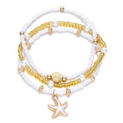 Boho Beach Anklet Set, 3-Layer White Beaded with Gold Shell and Starfish Charms, Pearl Accents