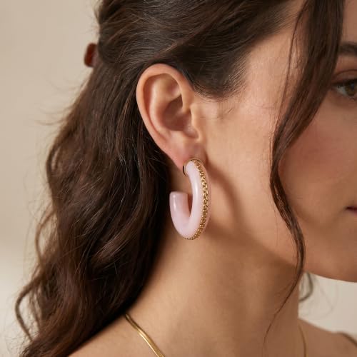 Gold Plated Resin Chunky Hoop Earrings Hypoallergenic Push Back Hoops for Sensitive Ears - color: Pale Pink