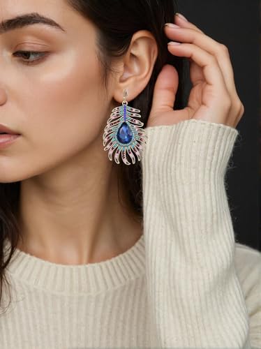 Frogwill Womens Crystal Hook Earrings Sparkling Rhinestone Peacock Feather Dangle Earrings - color: Blue