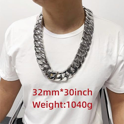 SDA Wide Chunky Gold Chain Necklace - Heavy and Waterproof 316L Surgical Steel with 18K Gold Plating for Modern Men and Women into Hip Hop Fashion - color: B476-32mm-White Gold