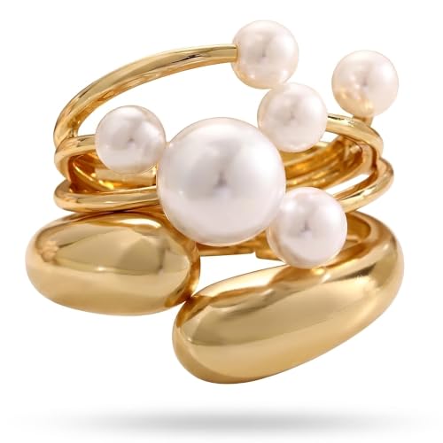 Chunky Gold Bangle Bracelets for Women, Dainty 14k Gold Plated Big Stackable Bangles Set, Trendy Statement Cuff Bracelet Stack Fashion Jewelry Gifts - style: 3 Big pearl bangles