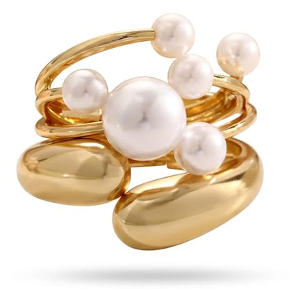 Chunky Gold Bangle Bracelets for Women, Dainty 14k Gold Plated Big Stackable Bangles Set, Trendy Statement Cuff Bracelet Stack Fashion Jewelry Gifts - style: 3 Big pearl bangles
