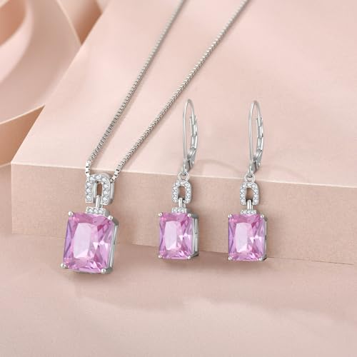 Emerald Cut Birthstone Necklace for Women 925 Sterling Silver | Baguette Birthstone Pendant Necklace, Jewelry for Mom Wife - color: Pink