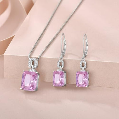 Emerald Cut Birthstone Necklace for Women 925 Sterling Silver | Baguette Birthstone Pendant Necklace, Jewelry for Mom Wife - color: Pink