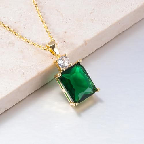 CiNily Rectangular Crystal Necklace for Women Trendy, Pendant Necklace with Chain 14K White Gold | Gold Plated Multicolor Birthstone Pendant Necklaces Boho Jewelry for Christmas Birthday Wedding - color: Gold-Green cz