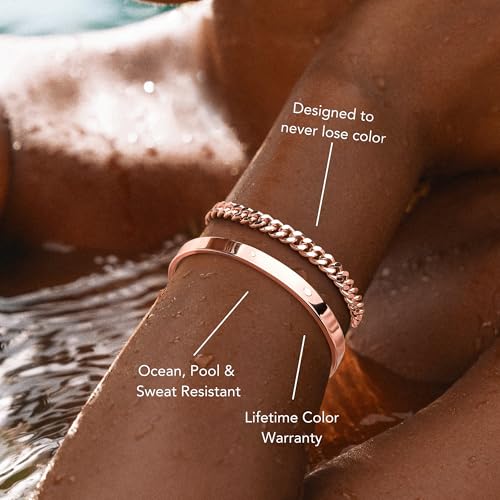 Gokeey Sterling Silver Cuff Bangle Bracelet Set for Women Waterproof, Non Tarnish S925 Silver Chunky Cuban Link Chain Heart Love Infinity Tie Knot Paperclip Beaded Twist Rope Silver Bracelets Fashion Jewelry Gifts Set - color: Rose Gold-Stackable Bangles