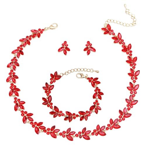 Bridal Wedding Crystal Leaf Choker Necklace Dangle Earring Bracelet Brides Bridesmaid Jewelry Set for Women - color: Siam-Gold Plated