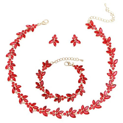 Bridal Wedding Crystal Leaf Choker Necklace Dangle Earring Bracelet Brides Bridesmaid Jewelry Set for Women - color: Siam-Gold Plated