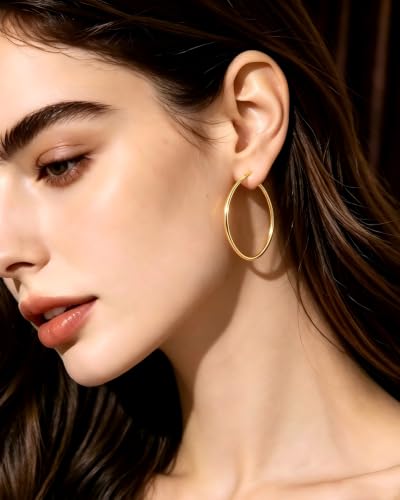 6 Pairs Gold Silver Hoop Earrings for Women 14K Gold Plated 316 Hypoallergenic Stainless Steel Lightweight Large Small Hoops Women Earrings 30/40/50mm Set - color: 6 Pairs Gold/Silver-30/40/50mm