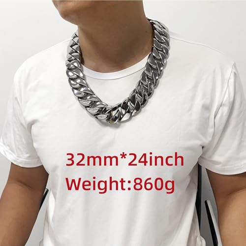 SDA Wide Chunky Gold Chain Necklace - Heavy and Waterproof 316L Surgical Steel with 18K Gold Plating for Modern Men and Women into Hip Hop Fashion - color: B476-32mm-White Gold