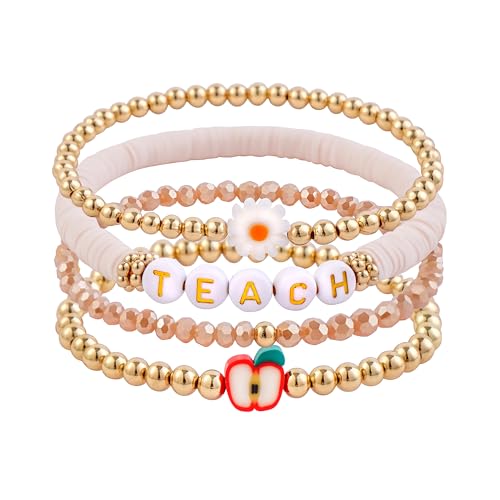 GOOJIDS Surfer Heishi Clay Bead Bracelets for Women Bohemian Stackable Gold Plated Beaded Stretch Bracelets Elastic Layering Friendship Bracelets Set Boho Jewelry - color: D-Teach Bracelet