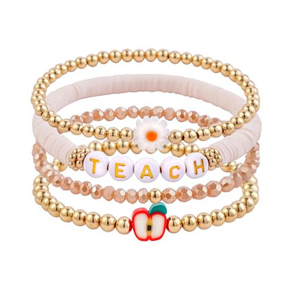 GOOJIDS Surfer Heishi Clay Bead Bracelets for Women Bohemian Stackable Gold Plated Beaded Stretch Bracelets Elastic Layering Friendship Bracelets Set Boho Jewelry - color: D-Teach Bracelet