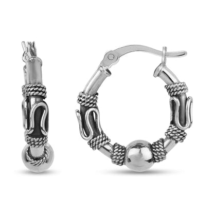 LeCalla 925 Sterling Silver Oxidized Balinese Hoops Earring Jewelry Small Antique Bali Beaded Hoop Earrings for Women - color: Bead Bali Design