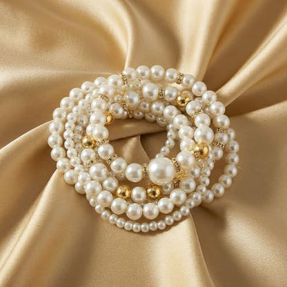 8pcs Faux Pearl Bracelets for Women, Stackable Stretchy Bridal Jewelry Set, Elastic Layered Bracelets for Wedding Bridesmaid Party Prom Christmas - color: golden