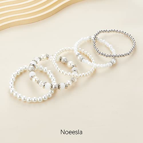Noessla Beaded Pearl Stretch Bracelet Silver Stackable Crystal Beads Bracelets Trendy Costume Jewelry Mothers Day Gifts for Women - color: White