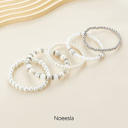 Noessla Beaded Pearl Stretch Bracelet Silver Stackable Crystal Beads Bracelets Trendy Costume Jewelry Mothers Day Gifts for Women - color: White