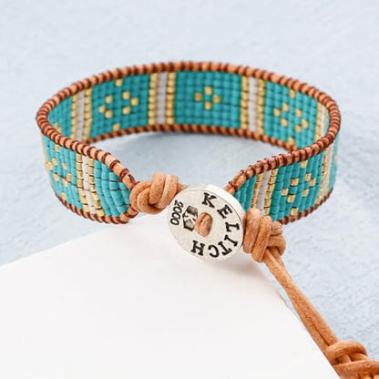 KELITCH Women Pearls Friendship Bracelets Handmade Blue Seed Bead Leather Wrap Bracelet Fashion Jewelry - color: A