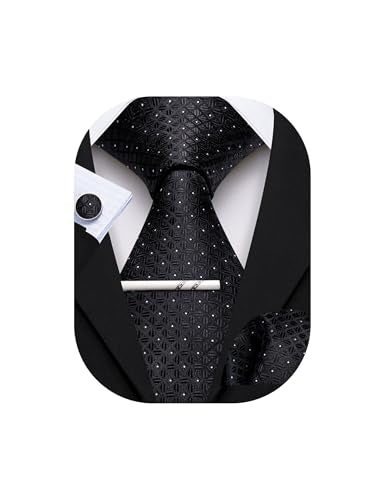 YOHOWA Men Plaid/Striped Ties Clip Set Silk Necktie Pocket Square Cufflinks | Woven Classic,Formal/Casual Mens Tie,Pocket Square Cufflinks Set,Luxury,Business,Wedding,Party,Prom,Graduation - color: Black