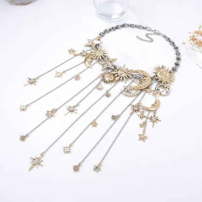 Retro Exaggerated Sun Moon Star Multi Pendant Tassel Necklace - Moon Pentagram Sun Full Diamond Necklace - Women Bohemian Style