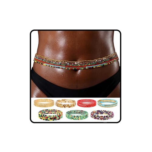 African Waist Beads Chain Layered Belly Body Chain Beach 7Pack Waist Jewelry Body Accessories for Women - size: 71inch/180cm