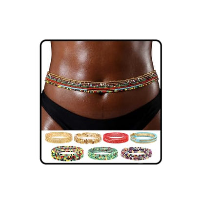 African Waist Beads Chain Layered Belly Body Chain Beach 7Pack Waist Jewelry Body Accessories for Women - size: 31.4 Inch (Pack of 7)