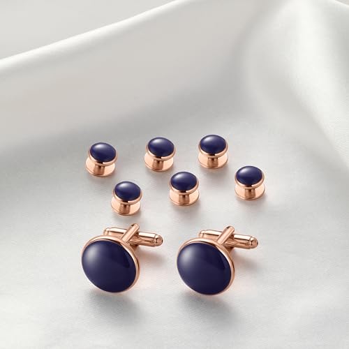 Men's Cufflinks & Tuxedo Studs Set - 316L Stainless Steel Formal Wedding Jewelry, Groomsmen Gift Set with Gift Box - color: 8pcs Blue Rose Gold