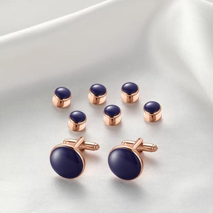Men's Cufflinks & Tuxedo Studs Set - 316L Stainless Steel Formal Wedding Jewelry, Groomsmen Gift Set with Gift Box - color: 8pcs Blue Rose Gold