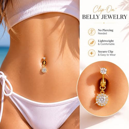 Zolure Gold/Silver Fake Belly Ring 3PCS Clip on Belly Button Rings Surgical Steel Non Piercing Navel Ring Devil Butterfly Clear CZ Dangle Fake Belly Piercing Jewelry with Pain Reducing Silicone Pad - color: gold