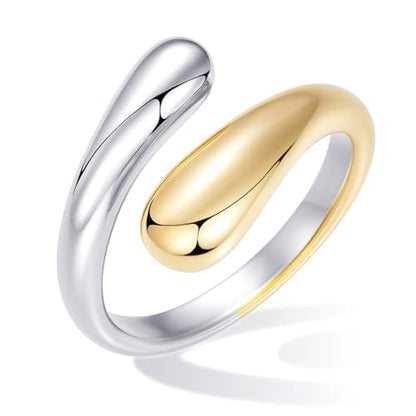 Non Tarnish Gold Chunky Rings for Women, 14K Gold Plated Statement Dome Rings Stacking Silver, Adjustable Mens Eternity Wedding Band Mixed Metal Jewelry Size 3-13 - color: Silver & Gold, size: 7, style: Open Twist Band