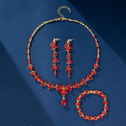 Paxuan Wedding Jewelry Sets for Bride Bridesmaid Bridal Jewelry Set for Women Wedding Crystal Necklace Earrings Bracelet Set for Party Prom Jewelry - color: Red - 14K Gold