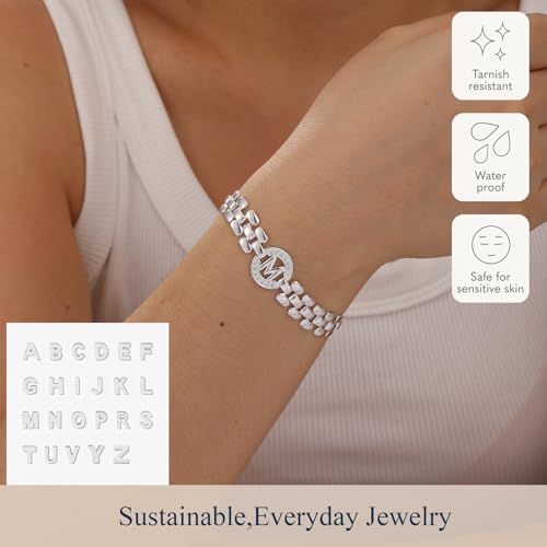 WEDDINEN Initial Bracelets for Women, 14K Gold Plated Letter A-Z Bracelets with Diamonds,Thick Chain Bracelet for Women trendy Jewelry Gifts - color: Silver-K