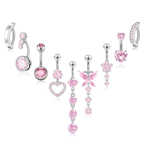 9PCS Belly Button Ring Dangle Stainless Steel Belly Rings 14G 1.6MM Belly Piercing Cute Navel Ring Piercing Jewelry Belly Ring for Women - color: 9PC Pink Set