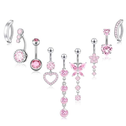 9PCS Belly Button Ring Dangle Stainless Steel Belly Rings 14G 1.6MM Belly Piercing Cute Navel Ring Piercing Jewelry Belly Ring for Women - color: 9PC Pink Set