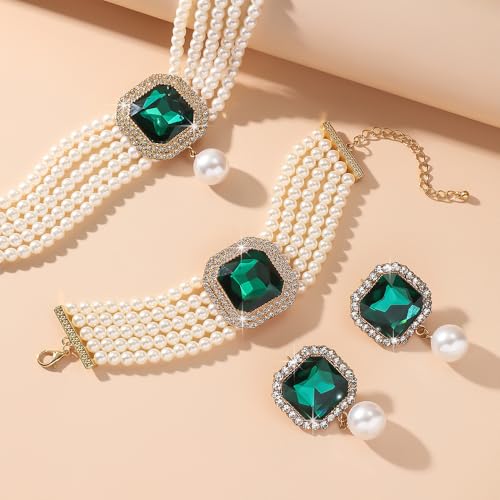 Fashion Bride Silver Black Green Bridal Layered Rhinestone Crystal 1920s Faux Pearls Necklace Earrings Bracelet Set Crystal Wedding Jewelry Set Rose Red Square Choker Necklace for Women - color: Green