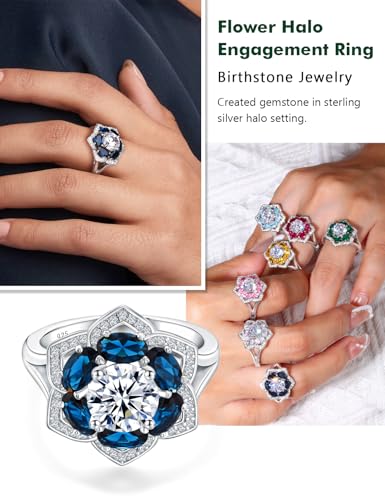 Flower Engagement Promise Ring Sterling Silver Birthstone Rings for Women Sapphire/Emerald/Ruby Gemstone Six Leaf Clover Statement Cocktail Ring Size 6 to 10 - style: 12. December-Created Blue Topaz