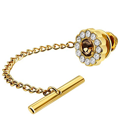 AMITER Crystal/Pearl Tie Tack with Chain, Gold Mens Tie Pin Necktie Pins Lapel Pin for Wedding Birthday Anniversary Party - color: 24k Gold+Smoked Topaz Crystal