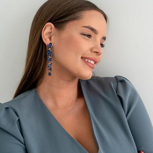 Crysdue Clip On Earrings for Women Rhinestone Crystal Teardrop Cluster Wedding Bridal Non Pierced Long Dangle Earring for Prom Party - color: Sapphire Gold-Tone