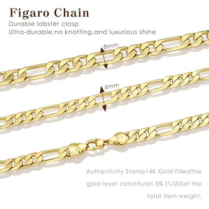 Gold Necklace for Women & Men,14k Gold Figaro Chain Necklace Chunky Statement Dainty Trendy Charm Necklace Jewelry Gifts Size 18-24 Inches Simple Unisex Cadenas De Oro Para Mujer 14k - size: 8MM