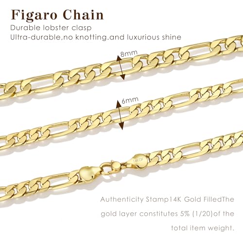 Gold Necklace for Women & Men,14k Gold Figaro Chain Necklace Chunky Statement Dainty Trendy Charm Necklace Jewelry Gifts Size 18-24 Inches Simple Unisex Cadenas De Oro Para Mujer 14k - size: 8MM