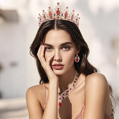 Crowns and Tiaras jewelry sets for Wedding princess birthday party Halloween Prom Pageant Jewelry for Women Crystal Bridal Jewelry Set for women - color: Gold Red